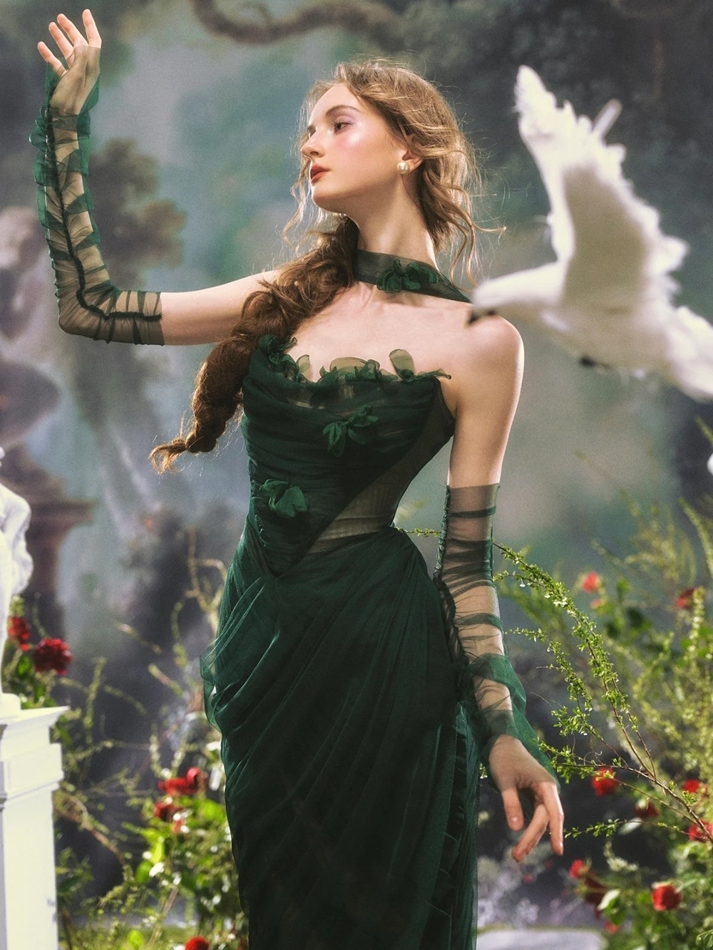 Lacemade Forest Nymph Dress Emerald Green Sheer Draped Midi Dress - Picture 3 of 7